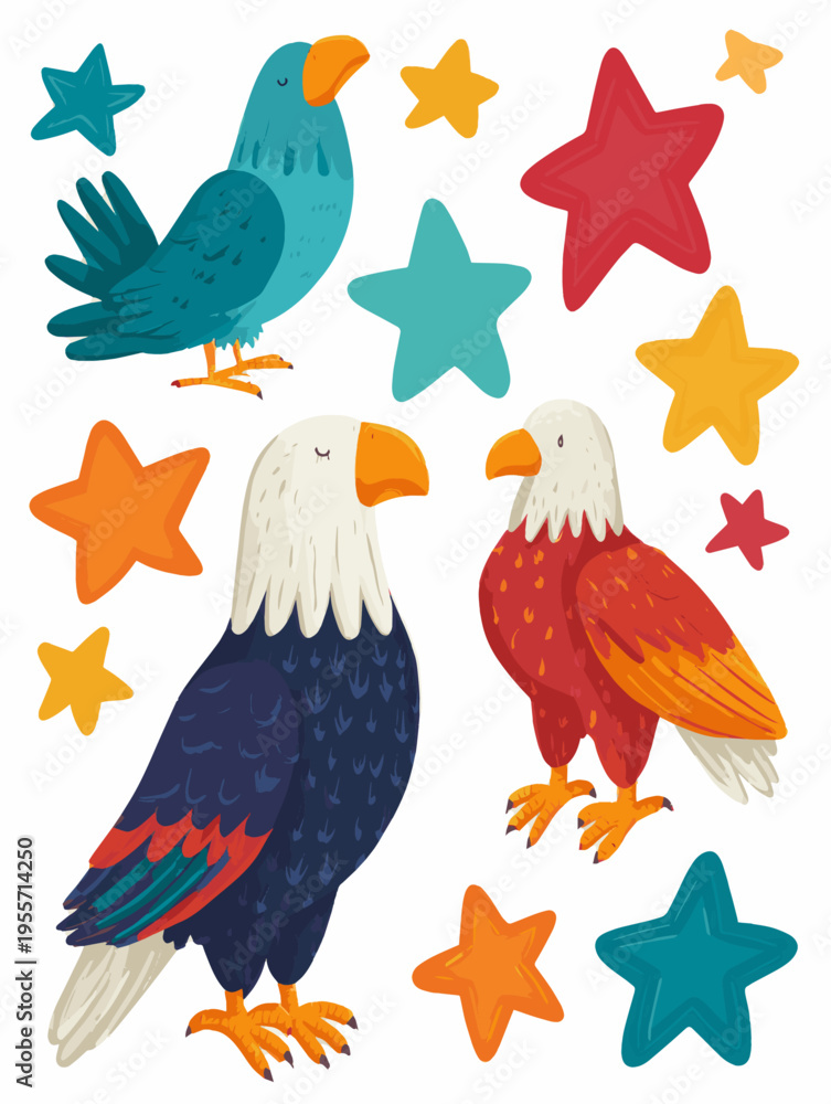 Fototapeta premium Patriotic Bald Eagle Seamless Pattern With Stars In Modern Flat Illustration Style For Independence Day Background Poster With Copy Space