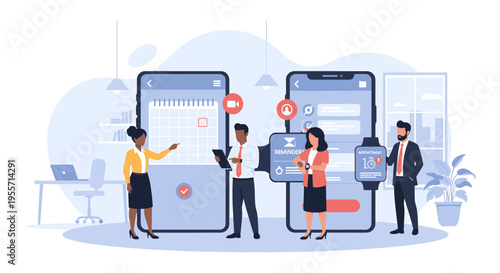 A team of business professionals collaborating on mobile application development and user interface design, featuring large smartphone screens and smartwatches.