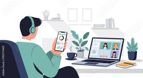 A person working remotely from home, participating in a video conference on a laptop while checking data on a smartphone, highlighting modern work-from-home setup.