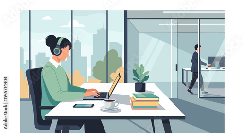 A woman wearing headphones works on a laptop at a modern office desk with a city view, while a colleague walks in the background.