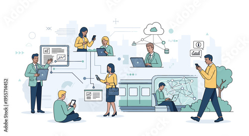People using various digital devices like smartphones, laptops, and tablets, connected through a network, illustrating modern technology integration in daily life and business.