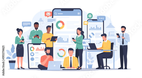 Diverse group of people using digital devices and analyzing data on large screens, representing business analytics and technology.