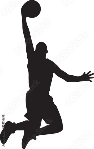 Dynamic silhouette of a basketball player in mid-air dunking the ball