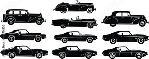 Vintage and classic car silhouette collection featuring retro vehicles, convertibles, and sedans in various styles, detailed automotive vector illustration set