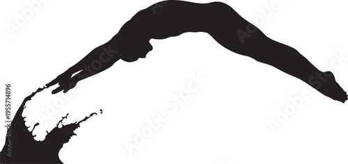 Silhouette of a swimmer performing a graceful dive and arching backstroke.