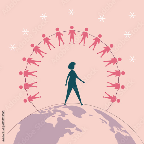 Woman standing on globe with people holding hands in circle