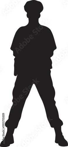 Silhouette of a person standing with arms at sides and legs apart in casual attire