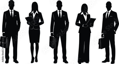 Black silhouettes of business people holding briefcases and laptops white 1