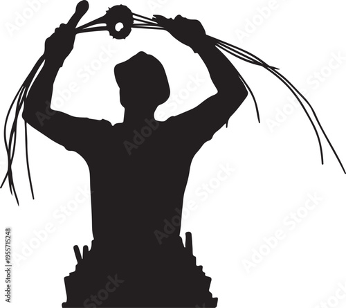 Silhouette of a triumphant figure holding a microphone and cables aloft