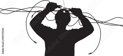 Stressed individual tangled in a web of chaotic cords and wires