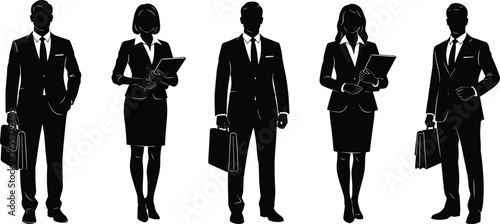 Black silhouettes of business people holding briefcases and laptops white