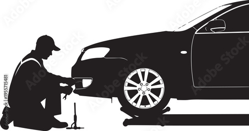 A mechanic inspecting a car tire under a lift in a garage setting.