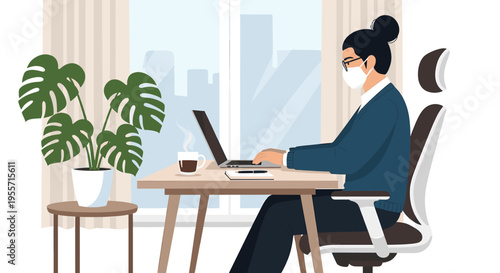 A person wearing a face mask works on a laptop at a desk with a coffee cup and a plant.
