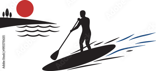 man riding paddleboard on water with sun setting