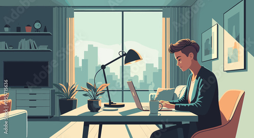 A young person works diligently on their laptop at a desk in a sunlit room with a city view.