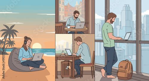 Diverse individuals working remotely in various scenic and urban environments, showcasing modern work-life flexibility.