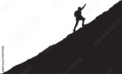Determined climber ascending a steep rocky slope under a clear sky