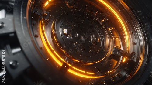 Close-up of a dark, metallic circular mechanism with glowing orange ring details