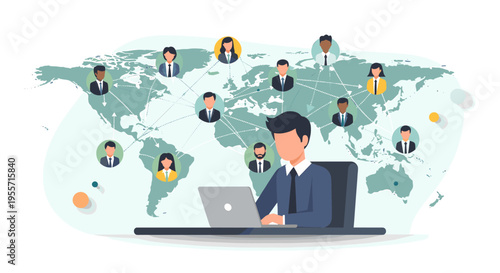 A businessman working on a laptop connected to a global network of people across the world map.