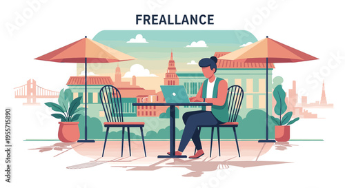 A woman working on her laptop at an outdoor cafe with umbrellas and city buildings in the background.