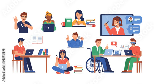 Global Remote Work and E-Learning Concept Set. Diverse people studying, collaborating, and working from home or a distance.