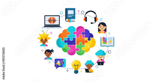Collaborative and Diverse Learning Concept. Colorful puzzle brain surrounded by students using technology for cognitive development and remote education.