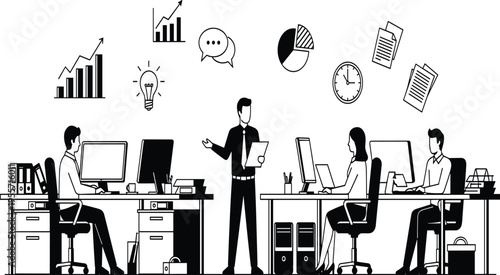 Office workers at desks with computers and businessman presenting