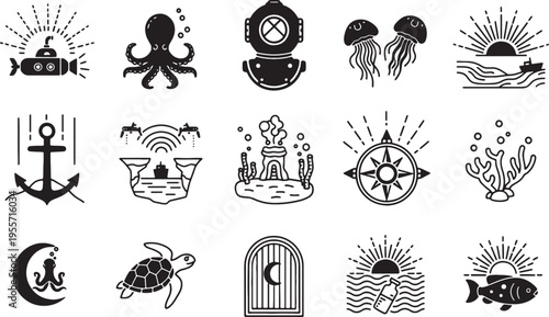 set of nautical and marine icons on white background