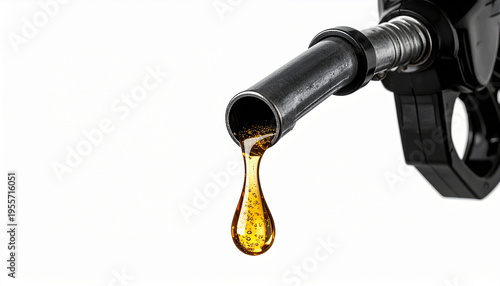 surtidor de gasolina negro con una gota de combustible sobre fondo blanco, concepto de energía, precio del petróleo, consumo de carburantes, industria petrolera y economía mundial