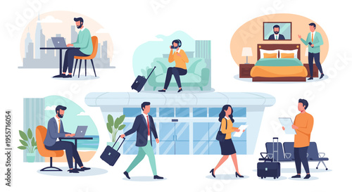 Business travelers using laptops, phones, and luggage at an airport and hotel.