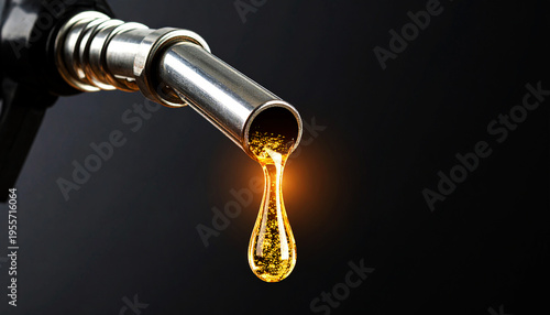 surtidor de gasolina con una gota de combustible sobre fondo negro, concepto de energía, precio del petróleo, consumo de carburantes, industria petrolera y economía mundial