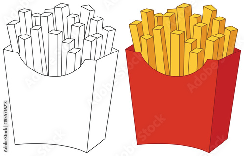 Fries are shown as a golden salty snack inside a red paper box for fast food dining