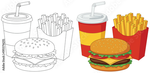 Fast food includes a delicious cheeseburger with crispy French fries and a refreshing soda