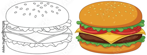 Burger provides a classic fast food meal with lettuce cheese and tomato on a sesame bun