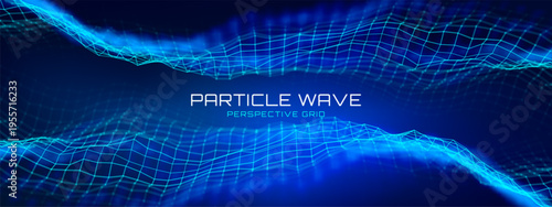 Particle data light with blue AI and 3D tech network for sound wave. Particular wavy artificial connections for science glow vectors and cyber neural abstracts.