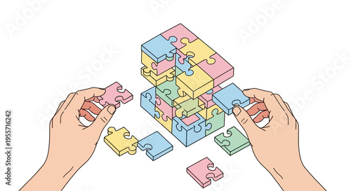Hands holding puzzle pieces together.
