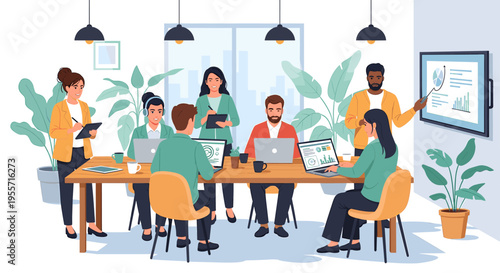 A diverse team of professionals collaborating in a modern, plant-filled office, with one person presenting data on a screen during a meeting.