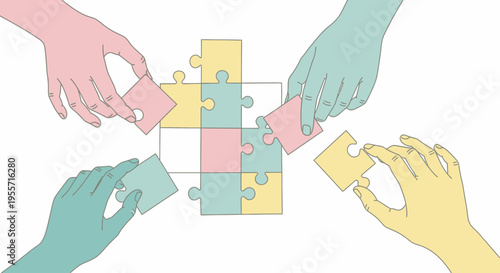 Four hands putting together puzzle pieces.