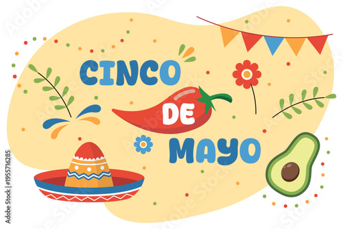 Colorful Cinco de Mayo Fiesta Illustration With Chili Pepper, Sombrero, Avocado and Floral Decorations