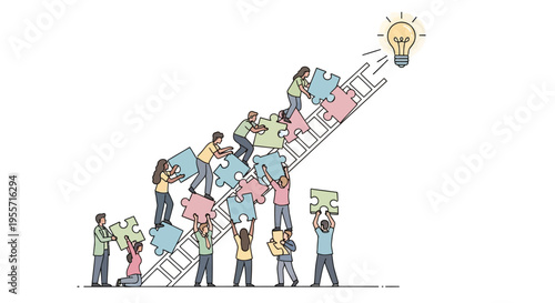 People climbing ladder to light bulb.