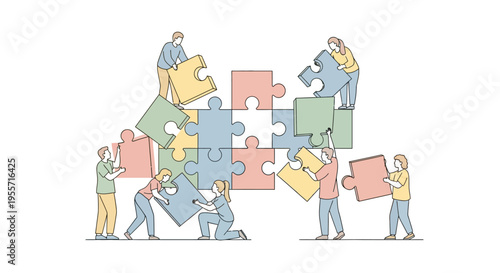 People working together on puzzle pieces.