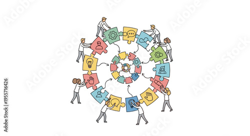 Diverse people holding puzzle pieces together.