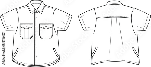 Technical flat sketch vector illustration of a short-sleeve work shirt with collar and chest flap pockets, front and back view for apparel design, uniform templates, and casual wear production.