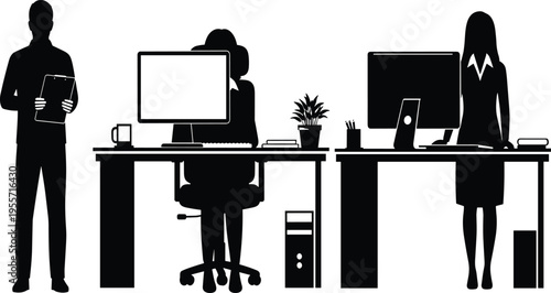 Office workers at desks with computers and office supplies silhouetted against white background