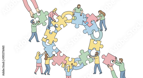 Diverse people holding puzzle pieces together.