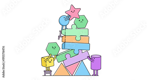 Colorful puzzle pieces stacked high.