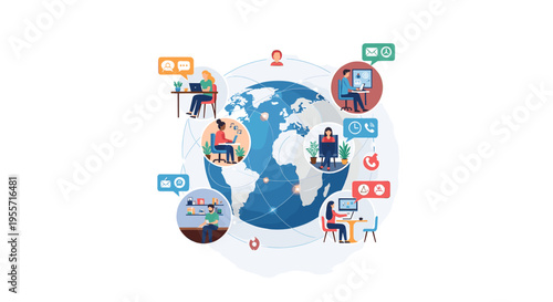 Illustration of global remote work and online collaboration with people connected around the Earth.