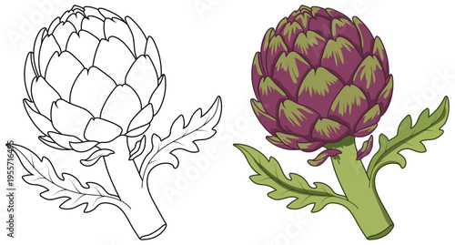 Artichoke coloring page shows a detailed vegetable illustration with layered leaves and stem