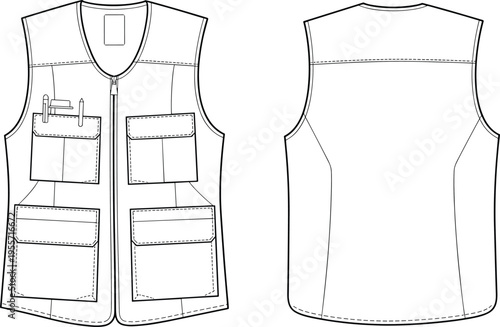 Technical flat sketch vector of a classic field jacket with a collar, button closure, and four flap pockets, front and back view for apparel design and fashion specification templates.