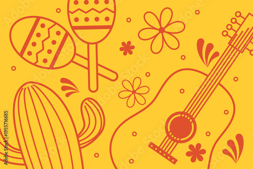 Mexican Fiesta Illustration With Guitar, Maracas and Cactus in Bright Festive Colors